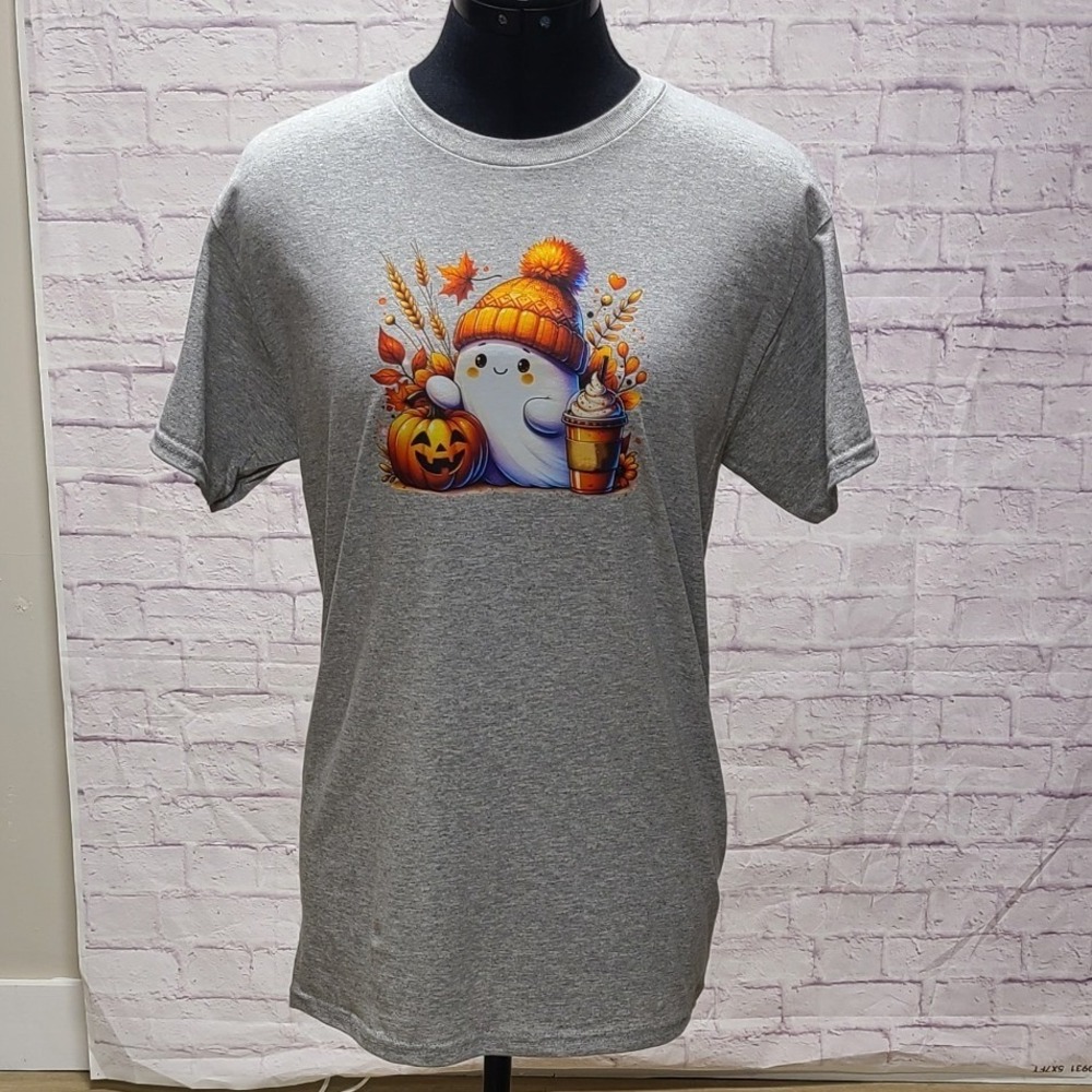Gildan Heather Gray Fall Ghost Pumpkin Spice DTF Print T-Shirt Small